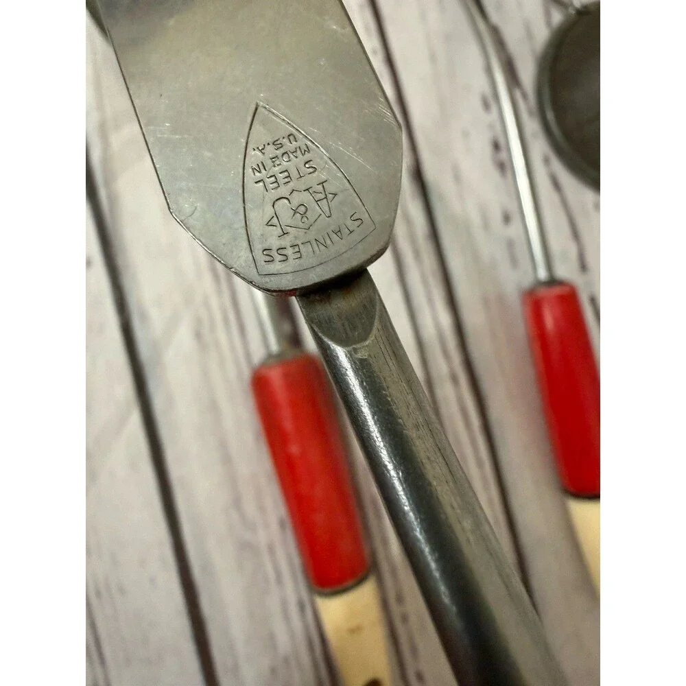 Vintage lot of 4 Kitchen Utensil Red Handle Strainer Ladle Spoon Meat Fork
